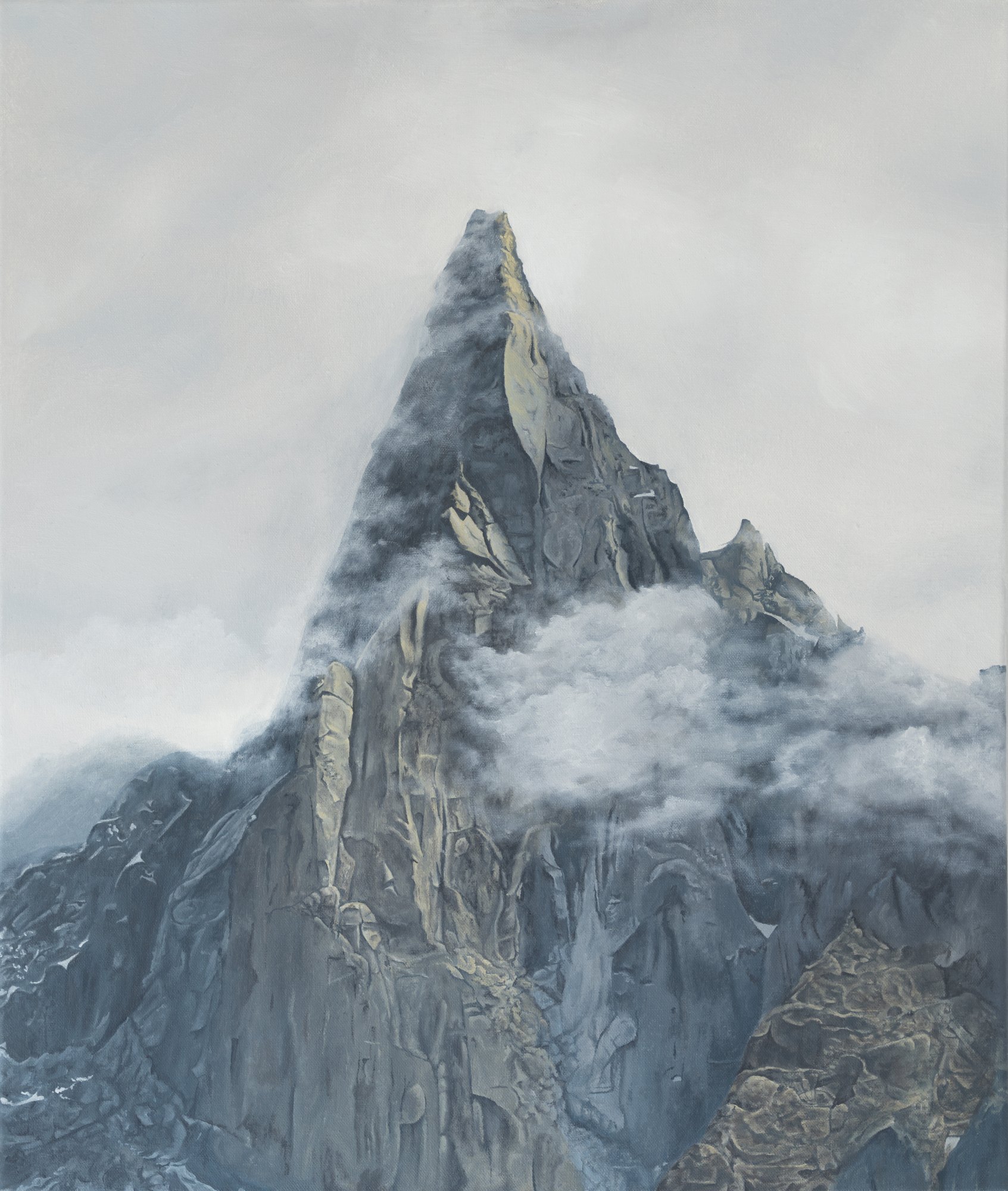 Les Drus perçant les nuages, huile sur toile d'Inès Bottollier
