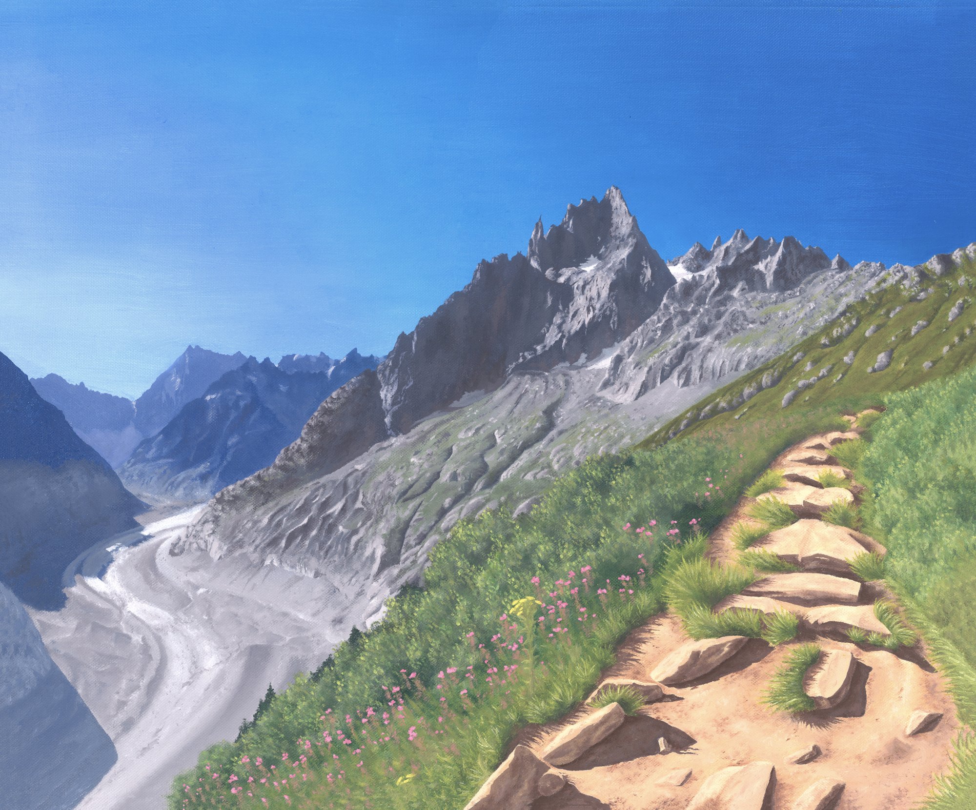 Balade surplombant la Mer de Glace, huile sur toile d'Inès Bottollier