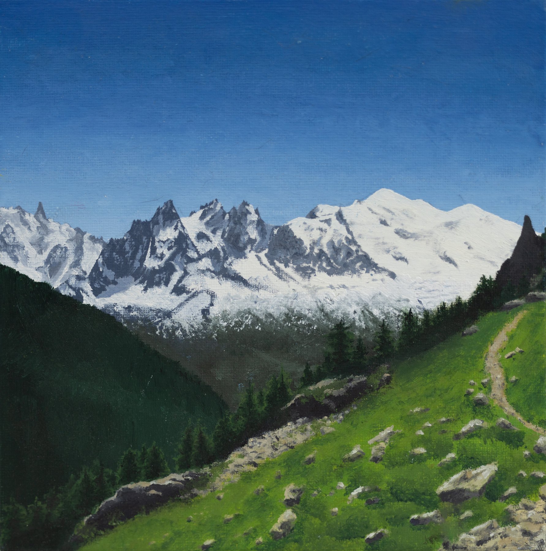 Sentier d'alpage face au massif du Mont-Blanc, huile sur toile d'Inès Bottollier