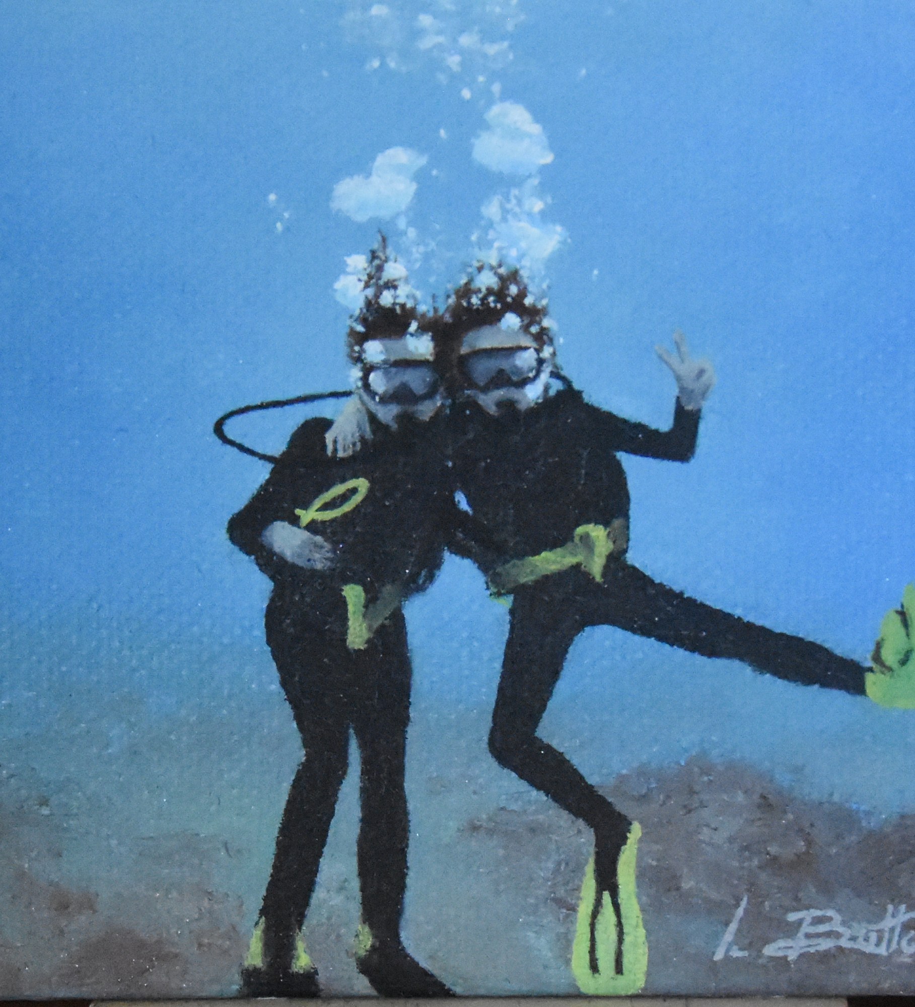 Deux plongeurs sous la surface, commande peinte à l'huile