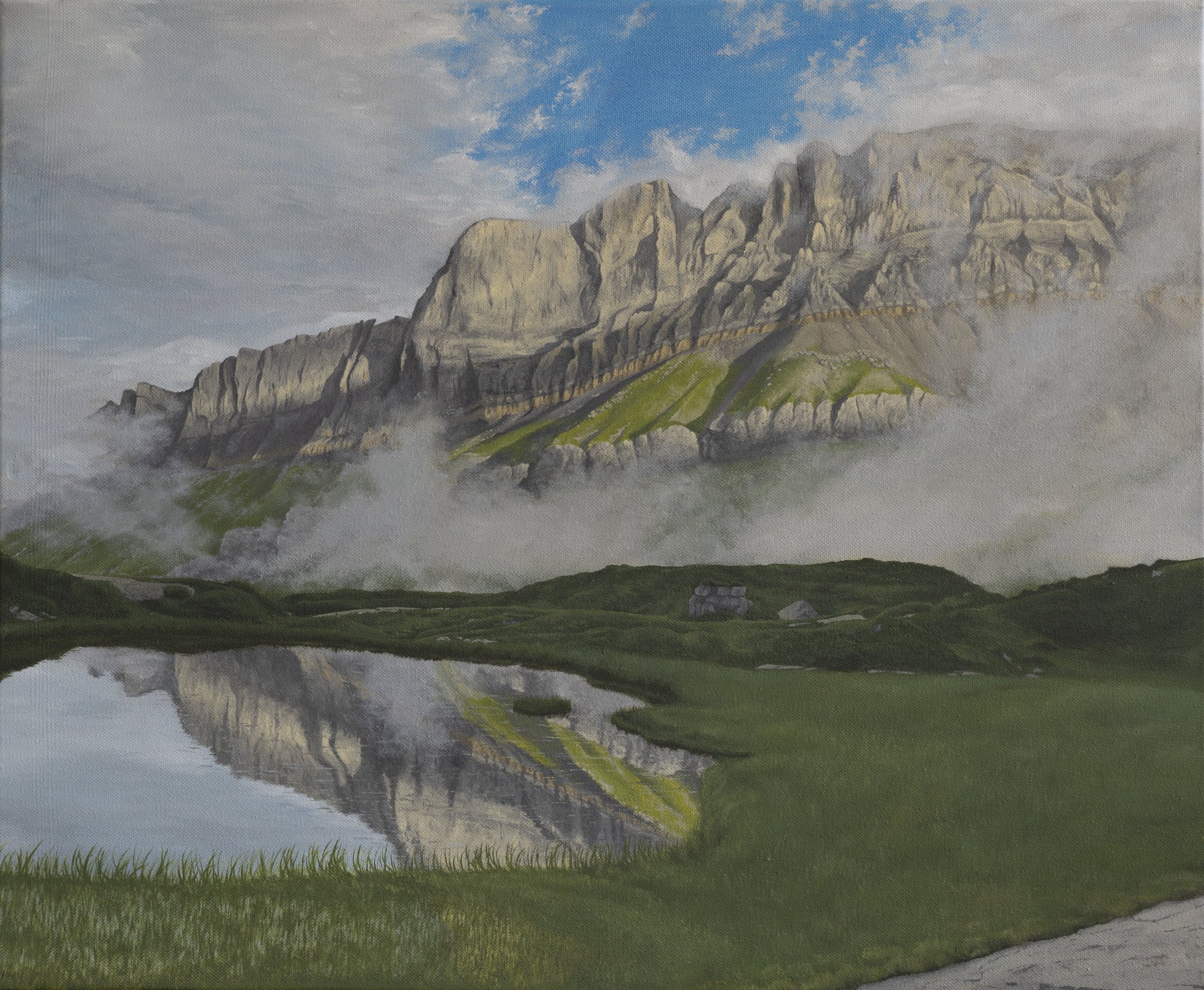 Réveil dans les nuages au lac de Pormenaz, huile sur toile d'Inès Bottollier