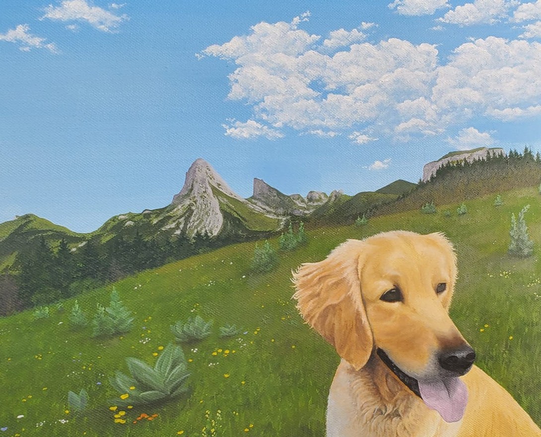 Portrait de chien dans un alpage face aux Aravis, commande peinte à l'huile